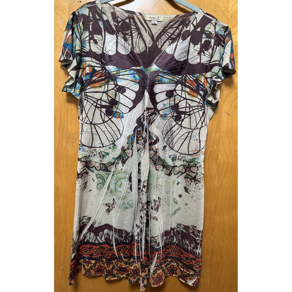 One World Vintage‎ '90s/Y2k Womens Butterfly Whimsical Short Sleeve Tunic Top S